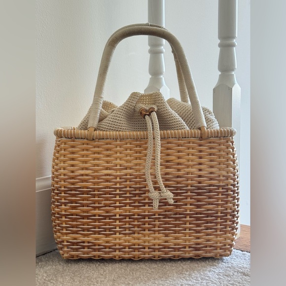 The Sak Elliott Lucca Woven Wicker Basket Bag Drawstring Coastal Market Tote - Picture 5 of 8